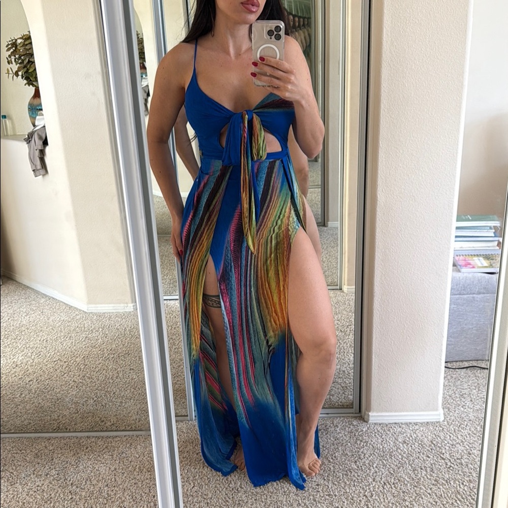Fashion Nova Blue Green Maxi Dress with High Slit and Spaghetti Straps